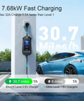 Level 2 Electric Vehicle Charger With 32 Amp Output And 16 Foot Cable Dual Nema Plugs showing fast charging capability on a wall.