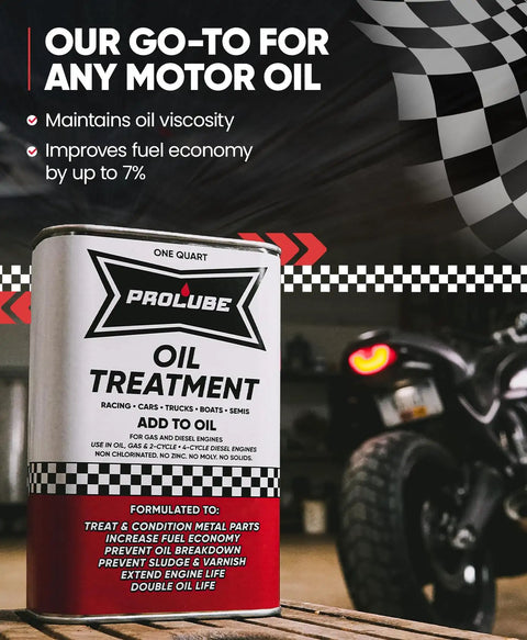 Engine Oil Treatment Additive That Cuts Noise, Reduces Wear And Vibration, And Boosts Horsepower And Fuel Economy In Gas And Diesel Engines, Plus It Works On Transmissions And Differentials For Smoother, Quieter Daily Driving 1-quart can with motorcycle background.