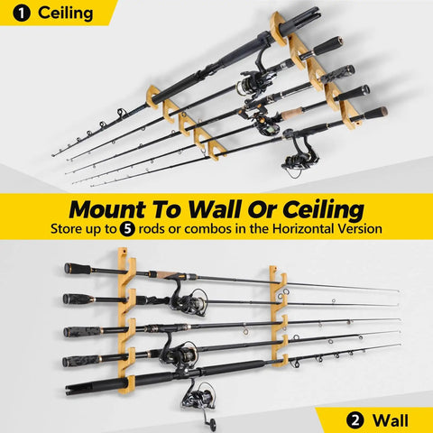 Solid Wood Horizontal Fishing Rod Holder Rack For Garage Wall Or Ceiling Mount Holds Up To 5, 10 Or 20 Rods Or Combos