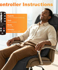 Man relaxing in chair with Full Body Massage Mat With Heat And Vibration 10 Motor Back Massage Pad, controller instructions visible