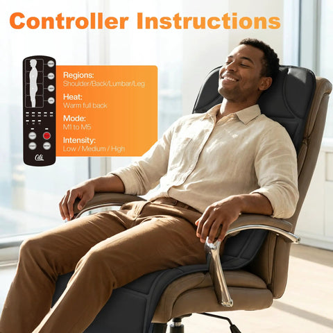 Man relaxing in chair with Full Body Massage Mat With Heat And Vibration 10 Motor Back Massage Pad, controller instructions visible