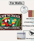 Totally Rad Tropical Bird Cocktail Sign With Rust Resistant Aluminum Metal Wall Art shown with mounting instructions, 20cm diameter.