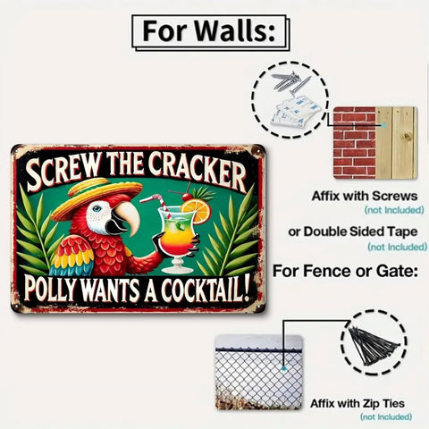 Totally Rad Tropical Bird Cocktail Sign With Rust Resistant Aluminum Metal Wall Art shown with mounting instructions, 20cm diameter.