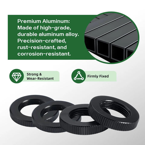 Badass Aluminum Dual Locking Microphone Stand Nuts With 5/8 Inch To 27 Thread Rock Hard Knurled Brackets in black, durable aluminum alloy.