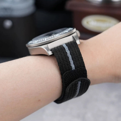 Velcro Watch Strap 20mm 22mm Sport Band For Men And Women With Black Titanium Buckle on wrist, close-up view