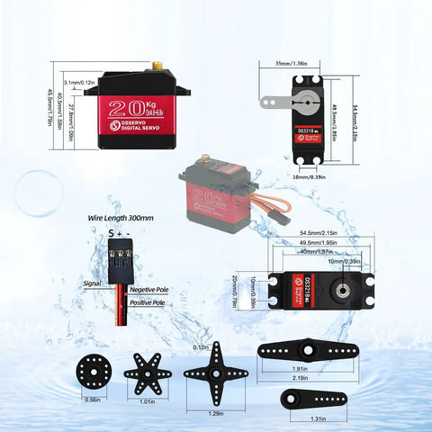 Image of 4 Pack 20Kg Digital RC Servo DS3218 Full Metal Gear Waterproof High Torque Beefy Servo with dimensions and parts included