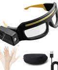 Kickass HandsFree Rechargeable Led Glasses Headlamp Featuring Motion Sensor And Tap Touch Switch Ipx4 Wet Weather Ready For Tactical Camping And Night Riding Gear with USB cable and carry case.