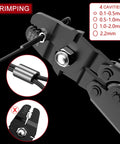 Close-up of crimping process with All-In-One 328ft Wire Rope Crimping Tool Kit With Heavy-Duty Crimp Tool Black Vinyl Coated 7x7 1.5mm Wire.