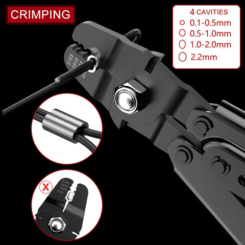 Close-up of crimping process with All-In-One 328ft Wire Rope Crimping Tool Kit With Heavy-Duty Crimp Tool Black Vinyl Coated 7x7 1.5mm Wire.