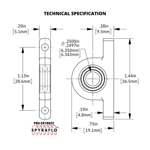 Technical specification drawing of Two Pack Quarter Inch Aluminum Pillow Block Mount With Deep Groove Ball Bearing ABEC Three For Smooth Rotations And Heavy Duty Radial Load Capacity Lubricated Steel Bearing PB0 SR188ZZ