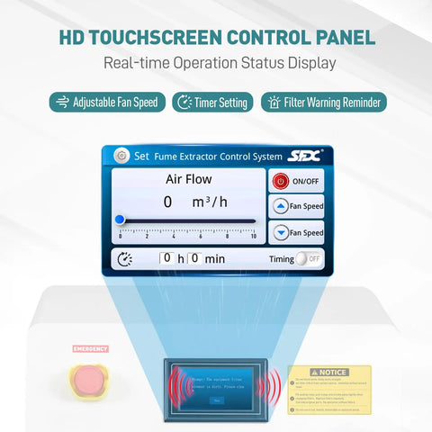 HD touchscreen control panel for Kickass 800W Industrial Solder Fume Extractor With Premium HEPA Filtration and 8 Layer Dust Bag.
