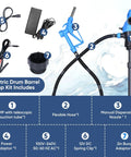 Heavy Duty Badass Electric Drum Pump For 55 Gallon Barrels kit includes flexible hose, power adaptor, and 2 inch bung adapter.