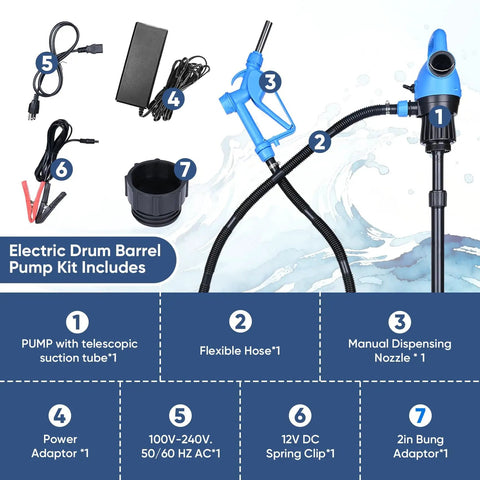 Heavy Duty Badass Electric Drum Pump For 55 Gallon Barrels kit includes flexible hose, power adaptor, and 2 inch bung adapter.