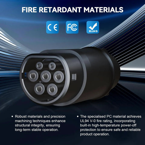 Sae J1772 To Type 2 EV Charger Adapter 32 Amp Heavy Duty Portable Electric Vehicle Charging Converter detail showing fire retardant materials.
