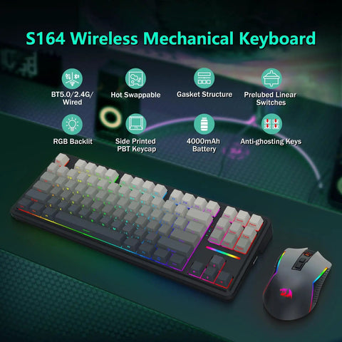 S164 Wireless Mechanical Keyboard And Mouse Combo With Tri Mode Connectivity And Glowing Rgb Backlighting For Zero Cable Chaos And Sick Gaming Setups On Any Clean Office Desk In Matte Black.