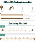 Wood Curtain Rod Set With Adjustable 36 To 120 Inch Length, 1 Inch Diameter, Imitation Wood Grain Finish, Leaf Pattern Finials diagram