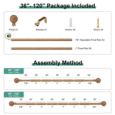 Wood Curtain Rod Set With Adjustable 36 To 120 Inch Length, 1 Inch Diameter, Imitation Wood Grain Finish, Leaf Pattern Finials diagram