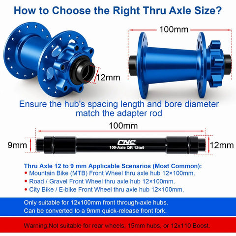 Diagram showing thru axle conversion kit for 15mm to 12mm and 12mm to 9mm front hub adapter 100mm spacing for bike use.