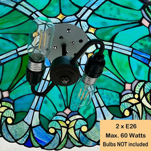 Close-up of the Tiffany Style Stained Glass Pendant Light With 16 Inch Wide Shade showing bulb sockets and stained glass pattern.