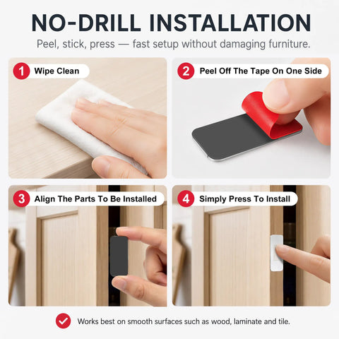 Four-step installation of Ultra Thin Magnetic Cabinet Catches With Strong Adhesive No Drill Door Latches For Cabinets Kitchen Bathroom Closet And RV 6 Pack Easy Stick On Mount Keeps Doors Quiet And Secure