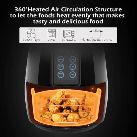 Air Fryer Silicone Pot Set For 8 Qt Dual DZ201 DZ401, showcasing chicken cooking with 360° heated air circulation structure.