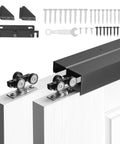 Dual Track Bypass Sliding Door Hardware Kit For Closet Doors, 5 Ft Aluminum Alloy System, Smooth And Quiet Operation, Fits 1 To 1 And Three Quarters Inch Door Thickness, 30 Inch Wide, Two Door Assembly, Supports 150 Lb Per Door, Easy Install shown in packaging.