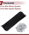72 Set 13G Bicycle Spokes 197mm Black Carbon Steel Wheel Spokes With Galvanized Nipples shown in package