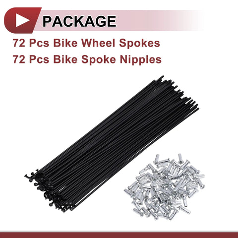 72 Set 13G Bicycle Spokes 197mm Black Carbon Steel Wheel Spokes With Galvanized Nipples shown in package