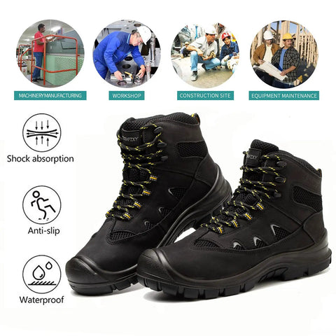 Waterproof Steel Toe Work Boots For Men 6 Inch Non Slip Safety Shoes Outdoor Black Size 14 with rugged design and protective features.