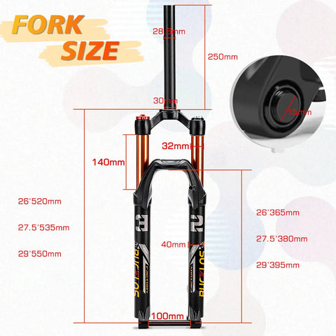 120mm Travel MTB Fork For 26 27.5 29 Inch Mountain Bikes, One And One Eighth Inch Straight Or Tapered Steerer, Rebound Adjust, Manual Lockout, 15mm By 100mm Thru Axle, Air Shock, All Terrain Suspension, sizing guide