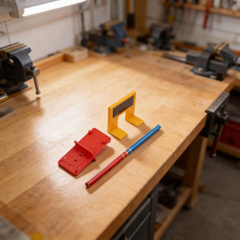 Magnetic Cabinet Hinge Mounting Clamp Pro Grade Heavy Duty ABS Tool on workshop table with positioning aid and pen