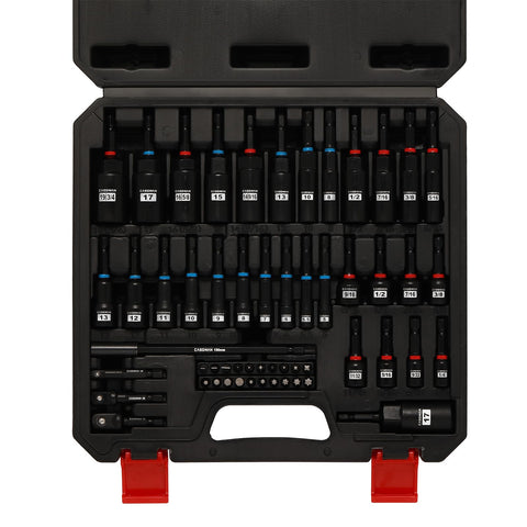 Open case of 55 Piece Magnetic Nut Driver Set For Impact Drill Deep And Shallow SAE And Metric Includes Screwdriver Bits