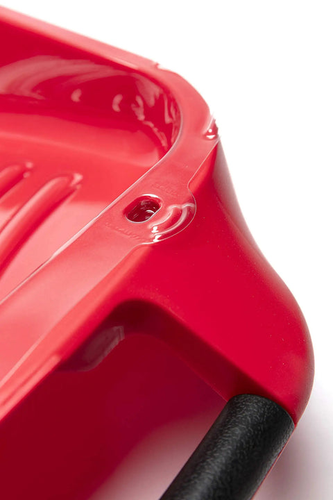 Close-up of red Deep Well Paint Tray With Gallon Capacity, Dual Handles, Magnetic Brush Holder showing corner detail.