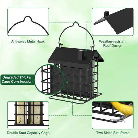 Image of an All Metal Double Suet Bird Feeder For Outdoors Hanging With Weather Resistant Roof And Perch, showing upgraded thicker construction.