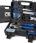 Front view of Prostormer 93-piece tool kit in blue and black case with scissors, knife, pliers, bits, tape measure