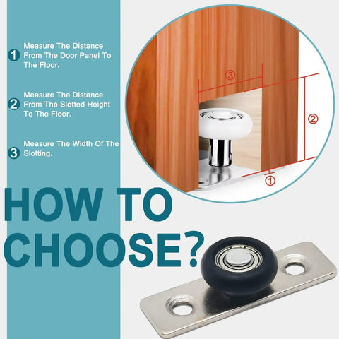 2 Pack Silicone Gate Roller Wheels For Sliding Doors Low Profile Floor Guide Roller With Dual Nylon Wheels Two Hole Silver Gate Assembly Support For Sliding Gates Smooth Quiet Operation installed view showing measurement guide and single roller close-up on silver base