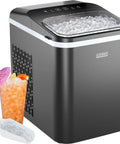 Compact Pebble Ice Maker For Countertop, Nugget Ice Machine with chewable pellets, ice scoop and basket, sleek black design