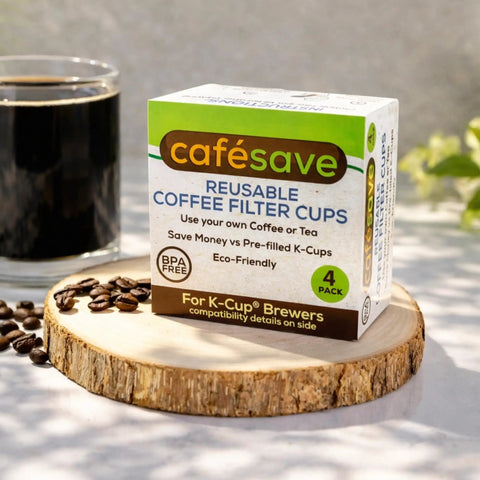 Box of Cafe Save Budget Friendly Reusable K Cup Pod Coffee Filters With Built In Mesh Strainer For Keurig And Other Single Cup Coffee Makers Refillable Capsules 4 Pack Save Big On Every Cup on wood slice with coffee beans and glass of coffee