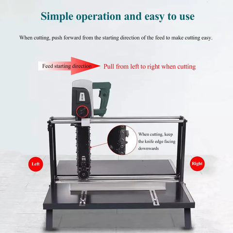 Premium Electric Brick Cutter With Variable Speed Dial Lightweight Masonry Saw shown with operation instructions on cutting direction.