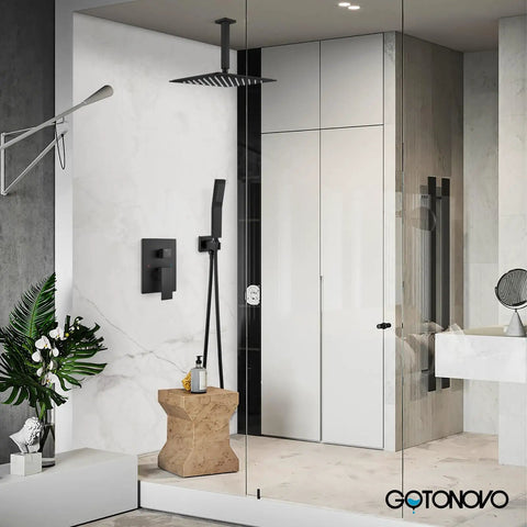Top Shelf Matte Black Ceiling Mount Shower System With Rock Solid Brass Valve And Slick Handheld Sprayer Game Changing 12 Inch Ultra Thin Rain Head For Upscale Bathroom Makeovers