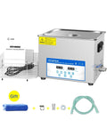 15L Ultrasonic Cleaner With Heater And Degassing, stainless steel tank, digital timer, basket, and accessories shown
