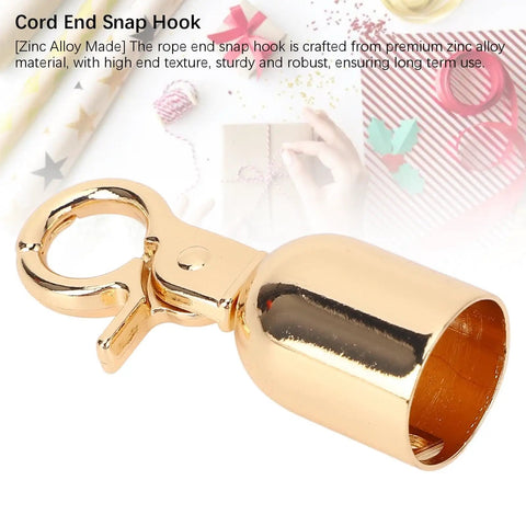 10 Pack Top Shelf Gold Rope End Snap Hooks, No Sweat Zinc Alloy Fastener Set With Screws, Heavy Duty Bell Shaped stopper rings close-up.