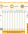 Diagram showing dimensions and features of 300 LED white fairy curtain lights, 9.8x9.8 ft, USB/battery powered, with remote control.