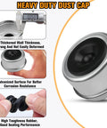 Trailer axle hub bearing kit parts: silver dust cap, black rubber seal, grease seal, race, spindle nut and cotter pin