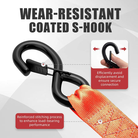 Wear-resistant coated S-hook from Kickass Grip Retractable Tie Down Straps With Smooth Butter Rewind For Zero Slap Back Mess One Inch By Ten Foot Haul Ready Cargo Belts.