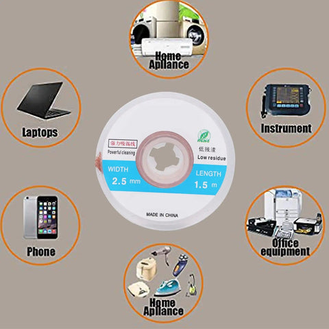 High Efficiency Copper Desoldering Wick No Clean Solder Removal For PCB Cleaning 5 Pack 4.9 Feet Each, use guide image