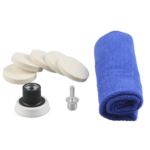 2 Inch Felt Polishing Buffing Pad Kit With 8 Polishing Sanding Discs And A Felt Wheel With Towel For Rotary Tools To Polish Glass And Metal 3 Millimeter Shank Backing Pad Included 2 Inch Sets Pro Grade, showing a set of felt pads, a blue towel, and a shank backing pad.