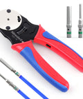 Deutsch Connector Crimp Tool For 14 To 18 AWG Closed Barrel Pins with handles, shown with solid barrel contacts.