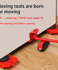 Heavy Duty Furniture Movers With Wheels And Glide Pads 300 Lbs Capacity lever lift tool adjusting under a large piece of furniture.