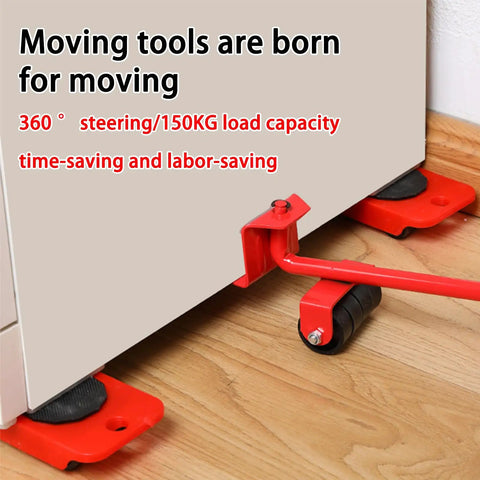 Heavy Duty Furniture Movers With Wheels And Glide Pads 300 Lbs Capacity lever lift tool adjusting under a large piece of furniture.